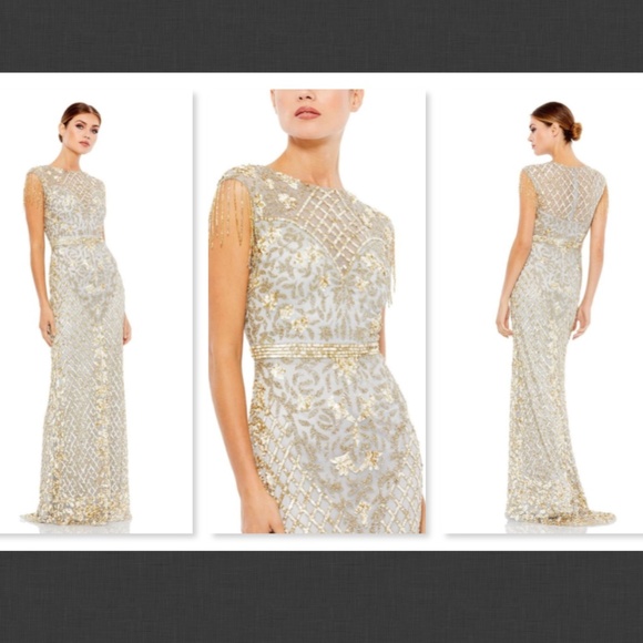 NWT $598 Mac Duggal High Neck Sleeveless Beaded Fringe Gown PlatinumSize 10